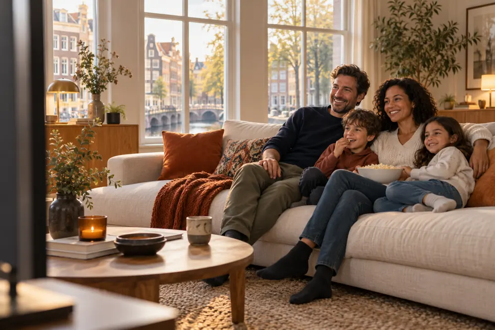 Een gezin geniet van een ontspannen tv-avond in een Nederlands huis