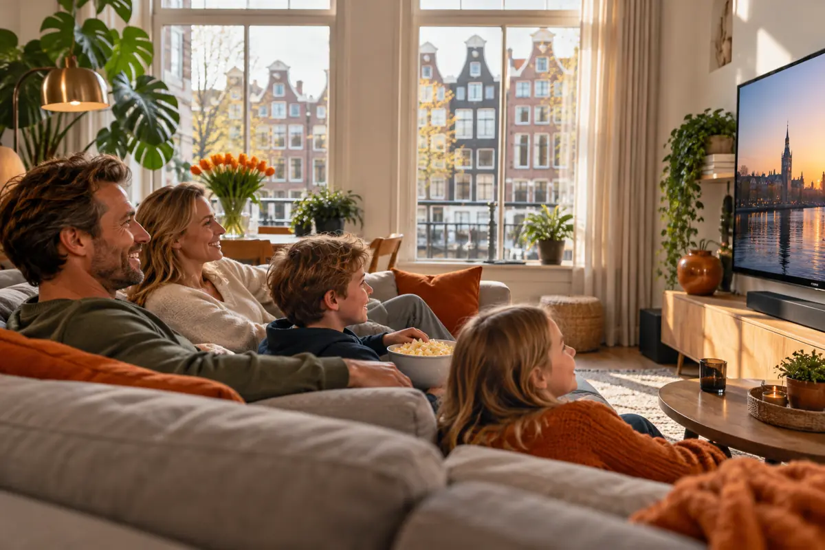Een gezin ontspant bij de televisie in een lichte Nederlandse woonkamer