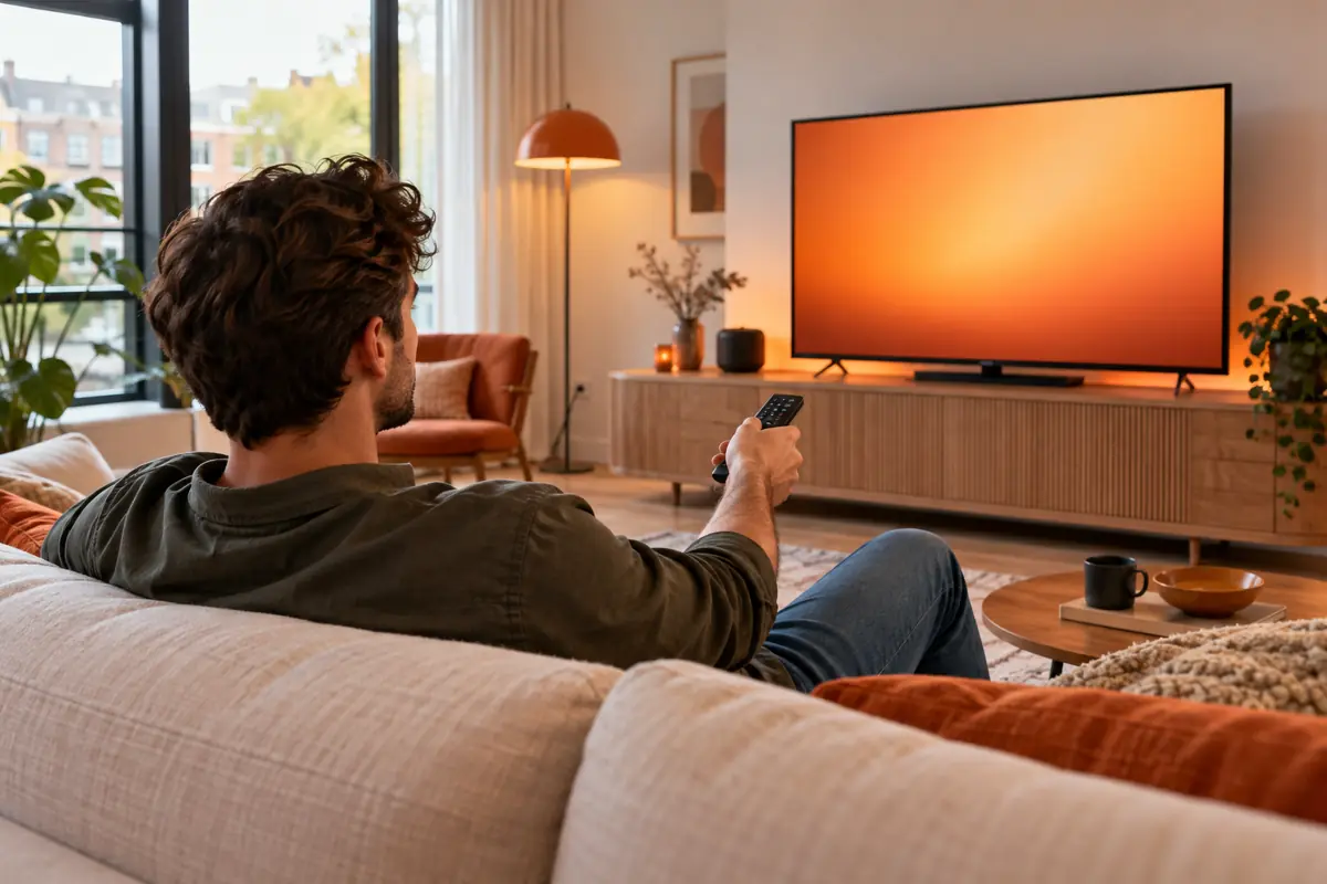 Een volwassene kiest met een afstandsbediening een kijkmoment in een lichte woonkamer