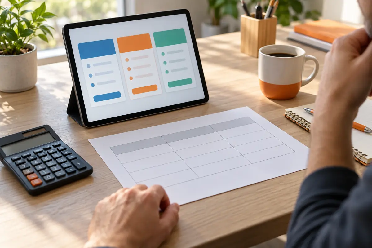 Rekenmachine, algemene vergelijkingslijst en tablet op een opgeruimde tafel