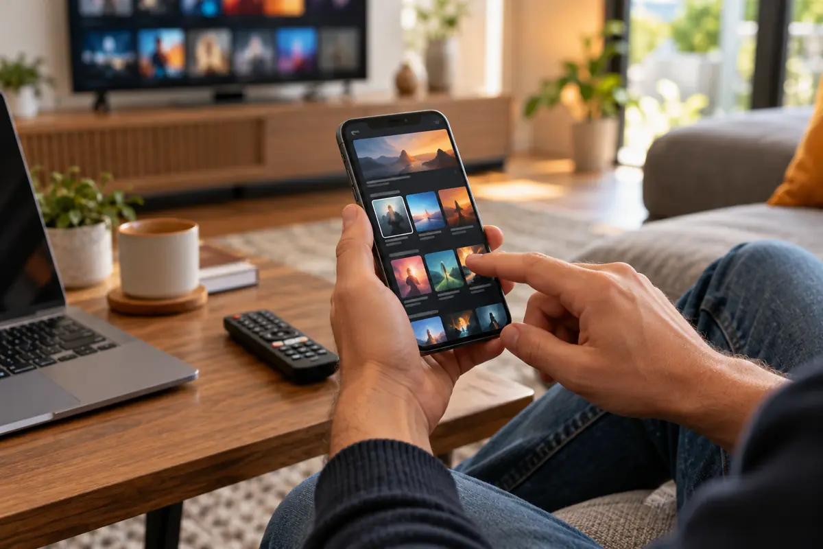 Handen bereiden een pakketkeuze voor op een telefoon naast een laptop en afstandsbediening